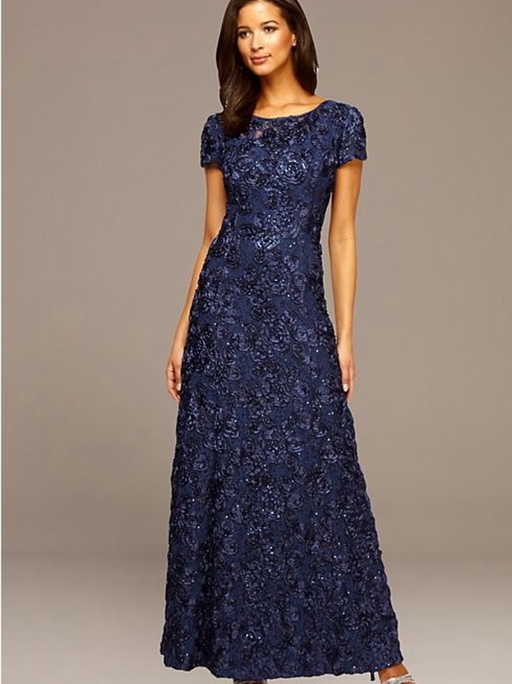 Alex Evenings Navy Floral Sequin A-Line Maxi Dress